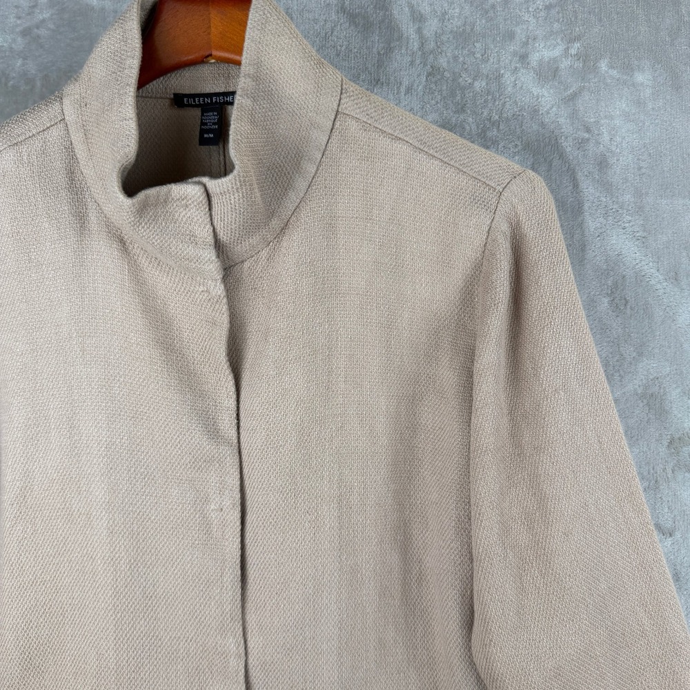Eileen Fisher Tan Organic Linen Cotton Funnel Neck Snap Jacket Womens‎ Medium